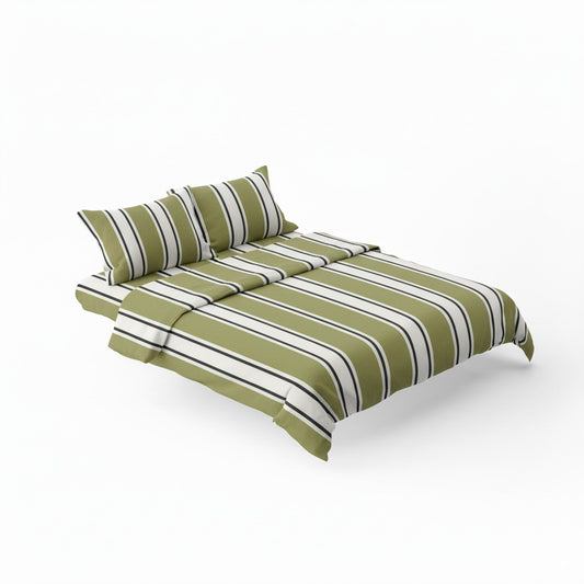 Fitted Bedsheet Set with up to 14" deep pocket 300 TC Olive Green Stripe 100% Cotton