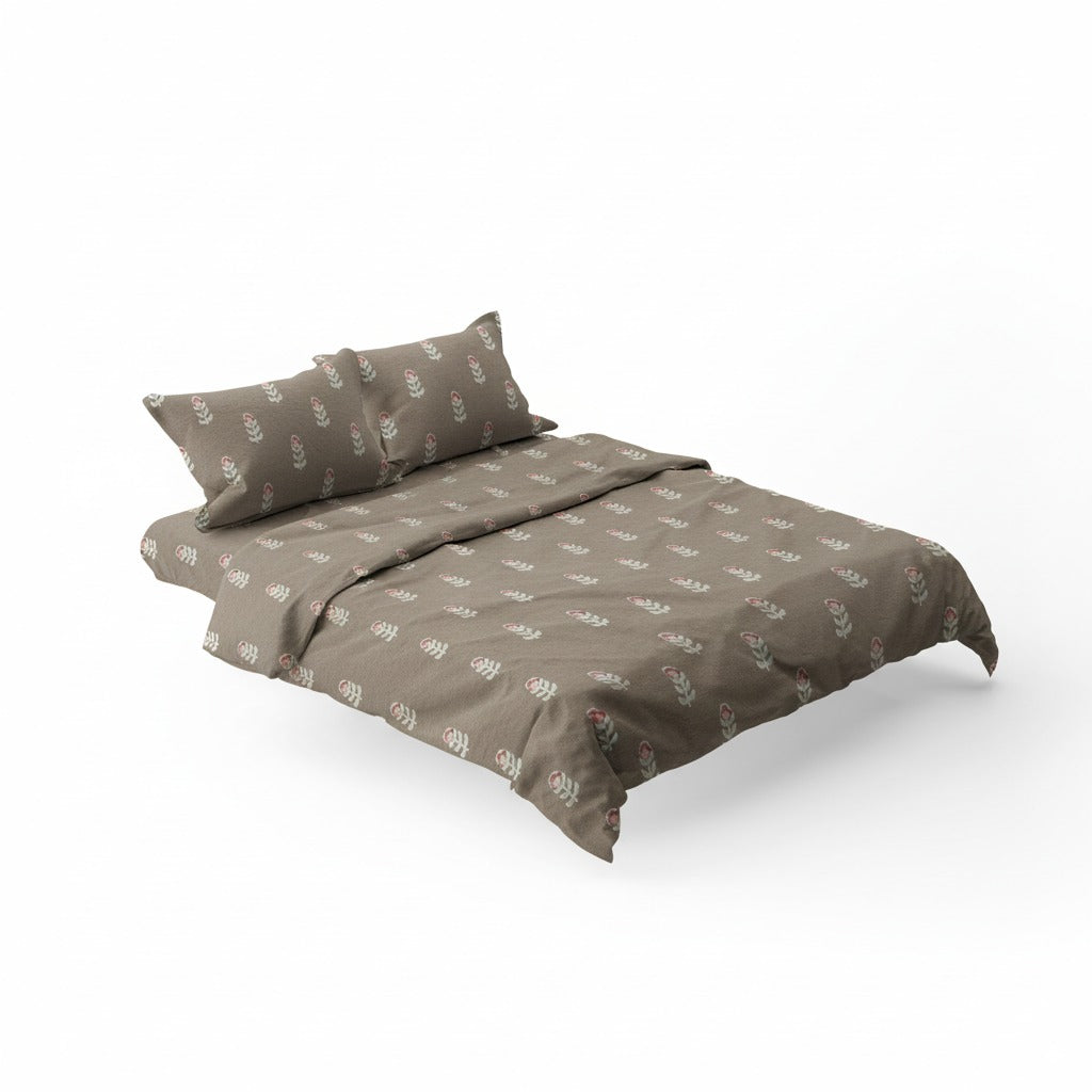 300TC Brown Floral 100% Cotton Fitted Bedsheet Set