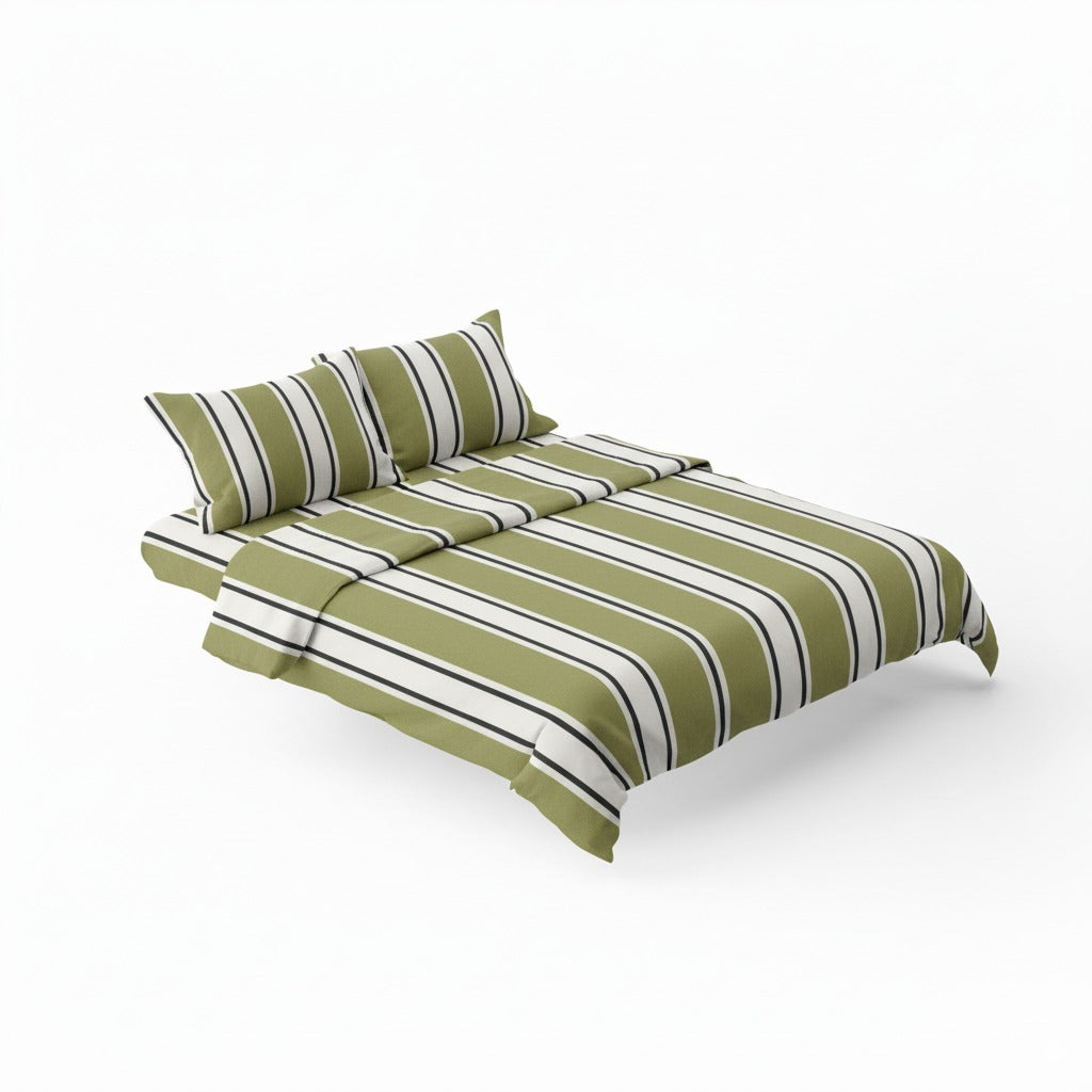 300TC Olive Green Stripe 100% Cotton Flat Bedsheet Set