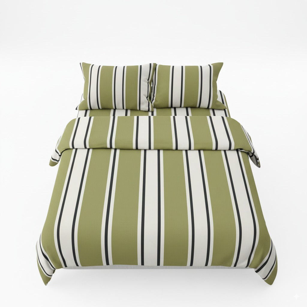 300TC Olive Green Stripe 100% Cotton Flat Bedsheet Set