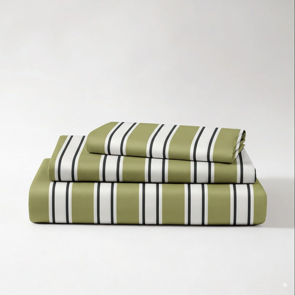 300TC Olive Green Stripe 100% Cotton Flat Bedsheet Set