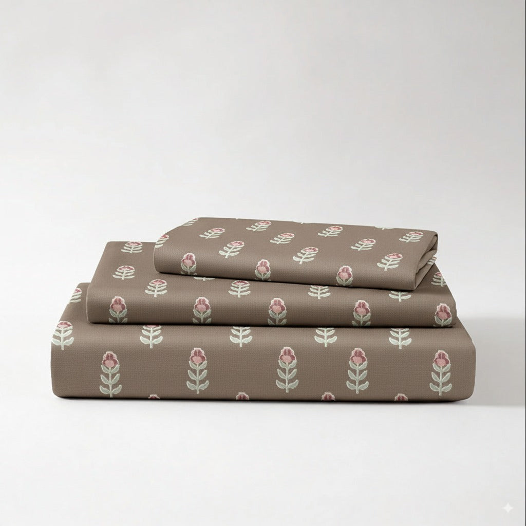 300TC Brown Floral 100% Cotton Fitted Bedsheet Set