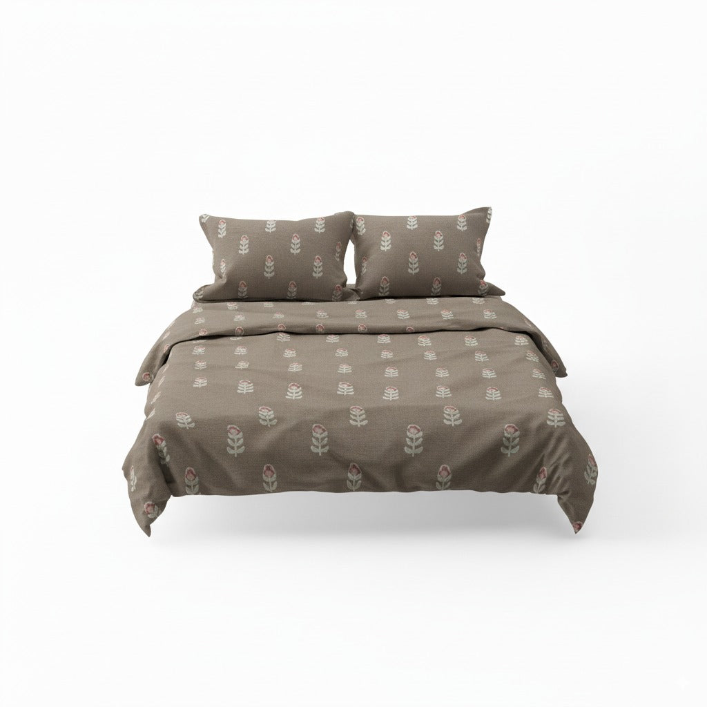 300TC Brown Floral 100% Cotton Fitted Bedsheet Set