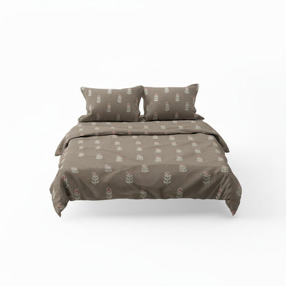 300TC Brown Floral 100% Cotton Fitted Bedsheet Set