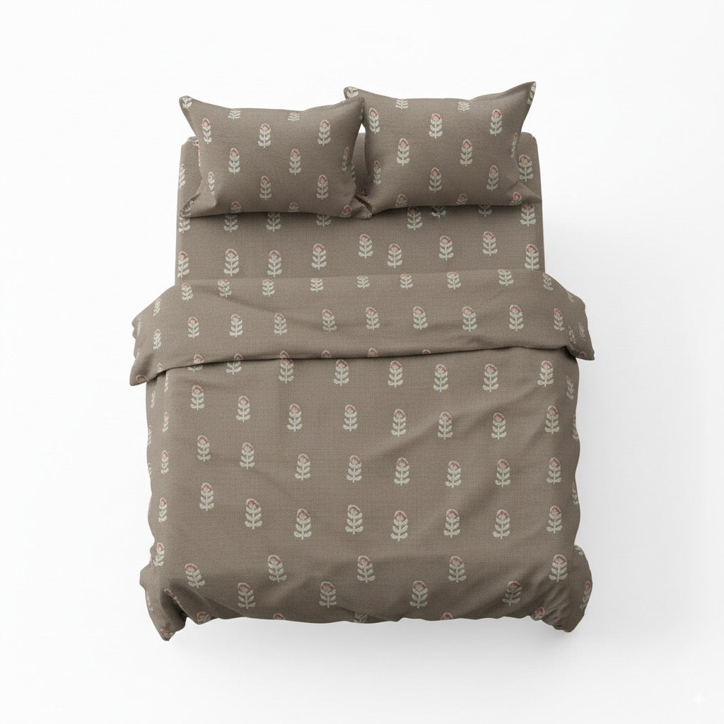 300TC Brown Floral 100% Cotton Flat Bedsheet Set